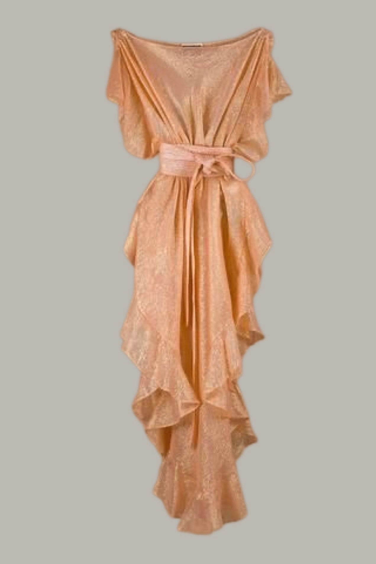Ruffle Kaftan with Quilted Obi Belt Cappuccino/Silver Silk Lame' {Made to Order}