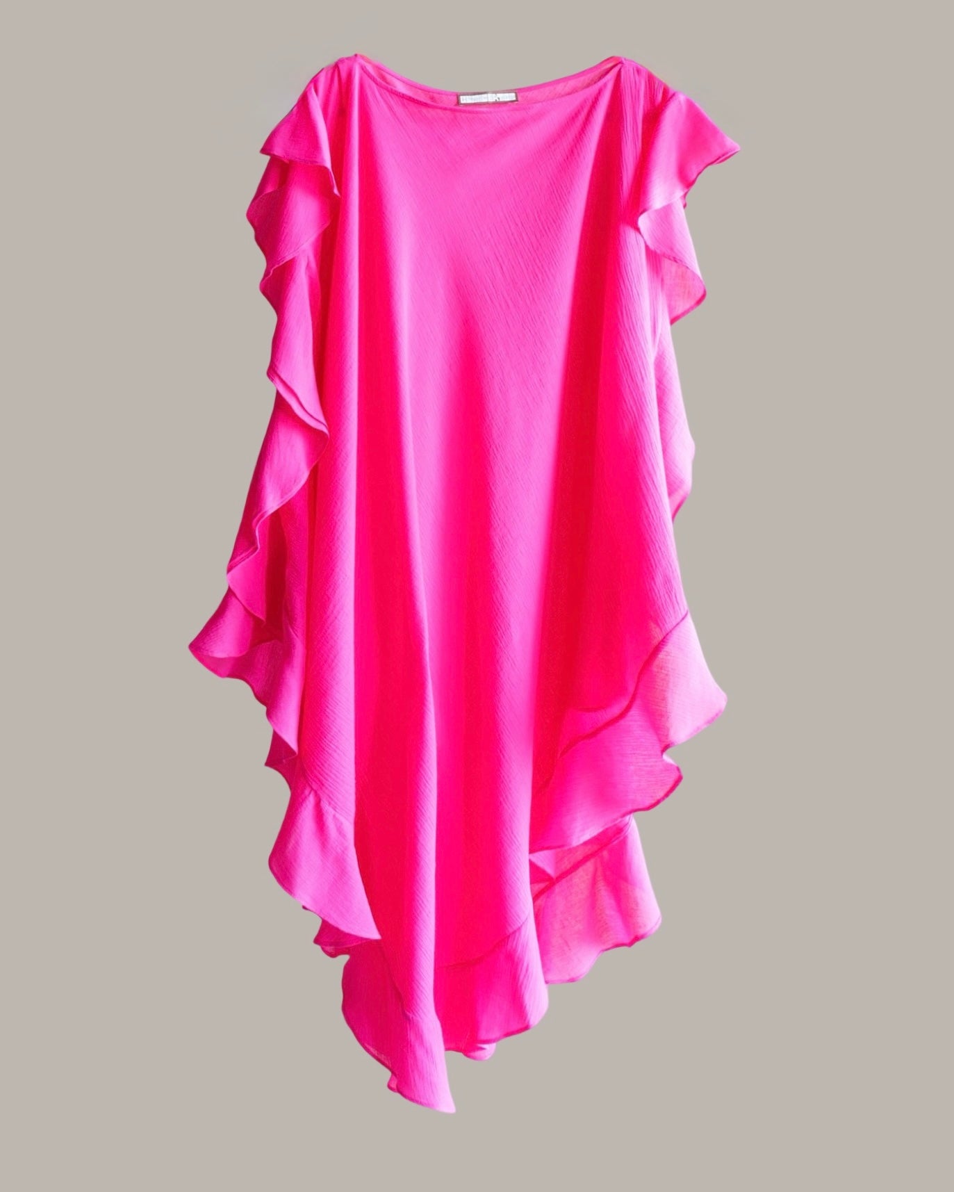 Ruffle Kaftan with Quilted Oval Obi Belt Cotton Gauze Fuchsia