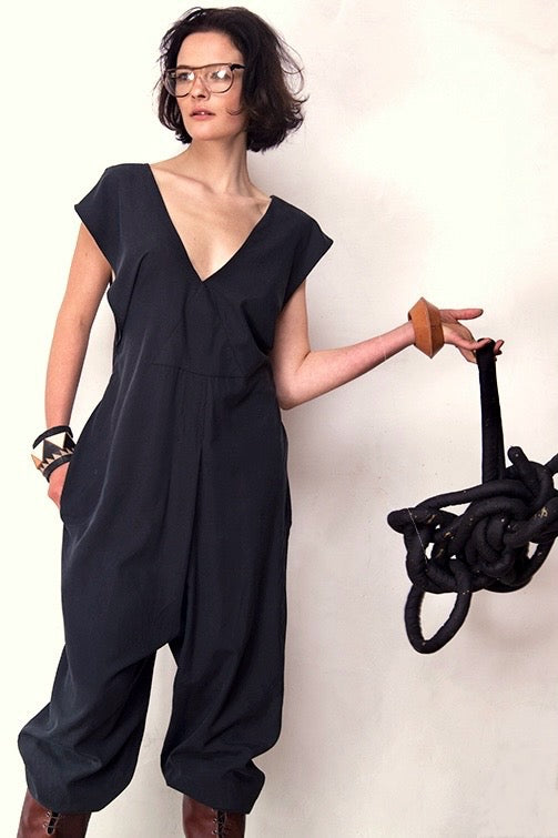 Origami Jumpsuit Black Raw Silk {Made to Order}