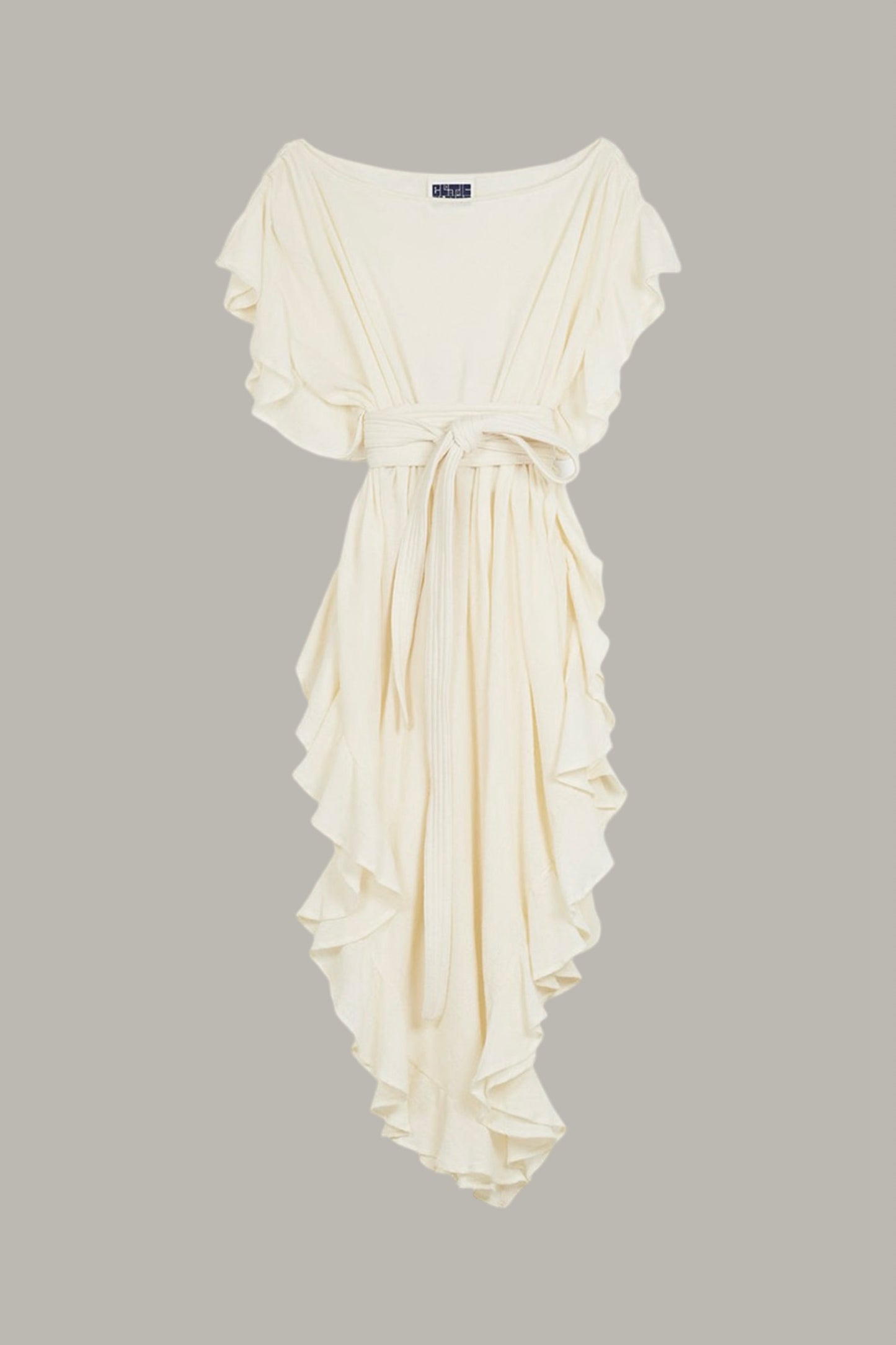 Ruffle Kaftan with Quilted Obi Belt Vanilla Cotton Gauze