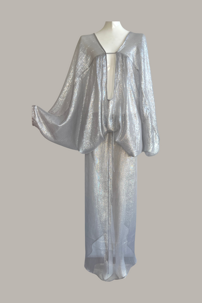 Infinite Mantaray Gown Silk Chiffon Lamé in Silver/Steel  {Made to Order}