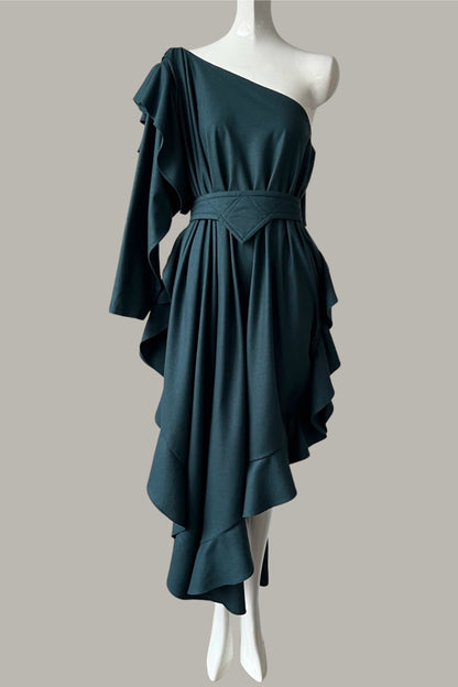 The Queen’s Kaftan with Trapunto Belt Teal Raw Silk