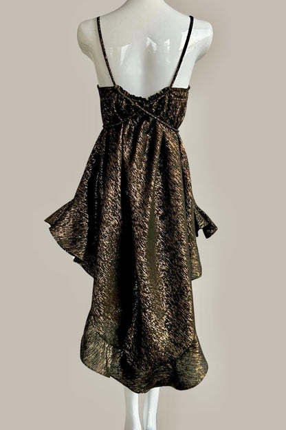 Cabriolet Ruffle Dress /Skirt in Black Onyx Metallic Gold Raw Silk Tweed