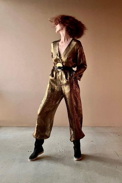 Kimono Jumpsuit Black & Gold Silk Chiffon Lame’