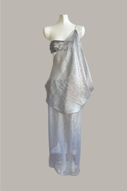 Infinite Mantaray Gown Silk Chiffon Lamé in Silver/Steel  {Made to Order}