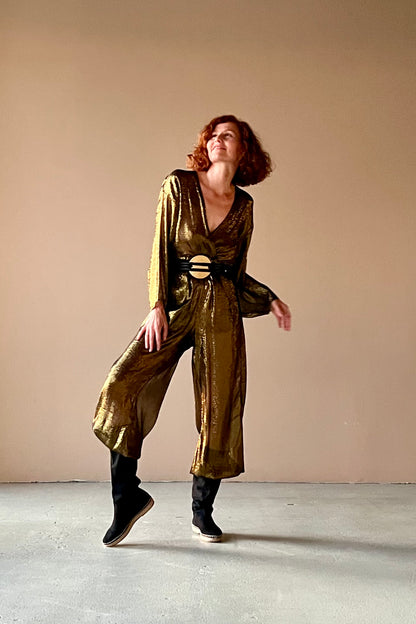 Kimono Jumpsuit Black & Gold Silk Chiffon Lame’