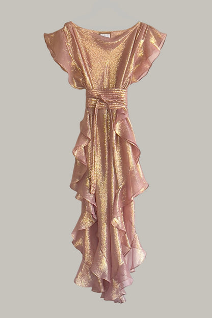 Ruffle Kaftan in Gold Grapefruit Silk Chiffon Lame' {Made to Order}