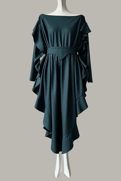 The Queen’s Kaftan with Trapunto Belt Teal Raw Silk