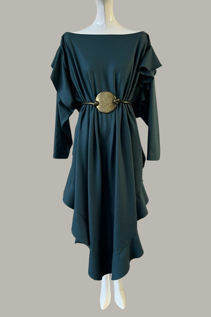 The Queen’s Kaftan with Trapunto Belt Teal Raw Silk