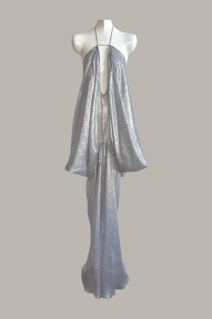 Infinite Mantaray Gown Silk Chiffon Lamé in Silver/Steel  {Made to Order}