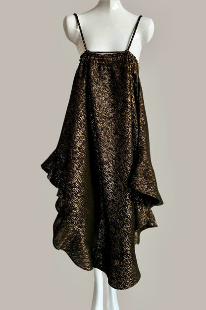 Cabriolet Ruffle Dress /Skirt in Black Onyx Metallic Gold Raw Silk Tweed