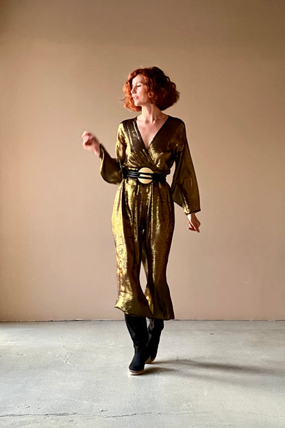 Kimono Jumpsuit Black & Gold Silk Chiffon Lame’