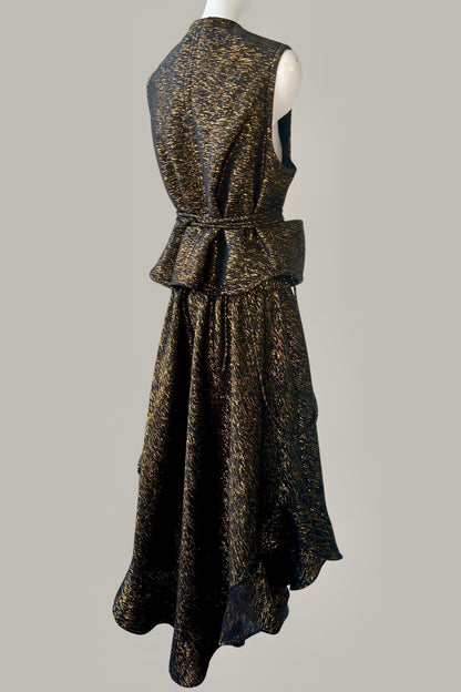 Cabriolet Ruffle Dress /Skirt in Black Onyx Metallic Gold Raw Silk Tweed