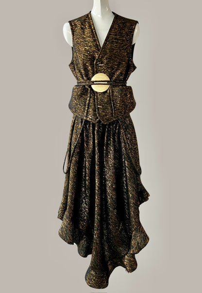 Cabriolet Ruffle Dress /Skirt in Black Onyx Metallic Gold Raw Silk Tweed