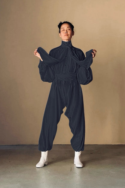 Rimbaud Jumpsuit with Infinite Sash Belt Black Parachute Silk {Made to Order}