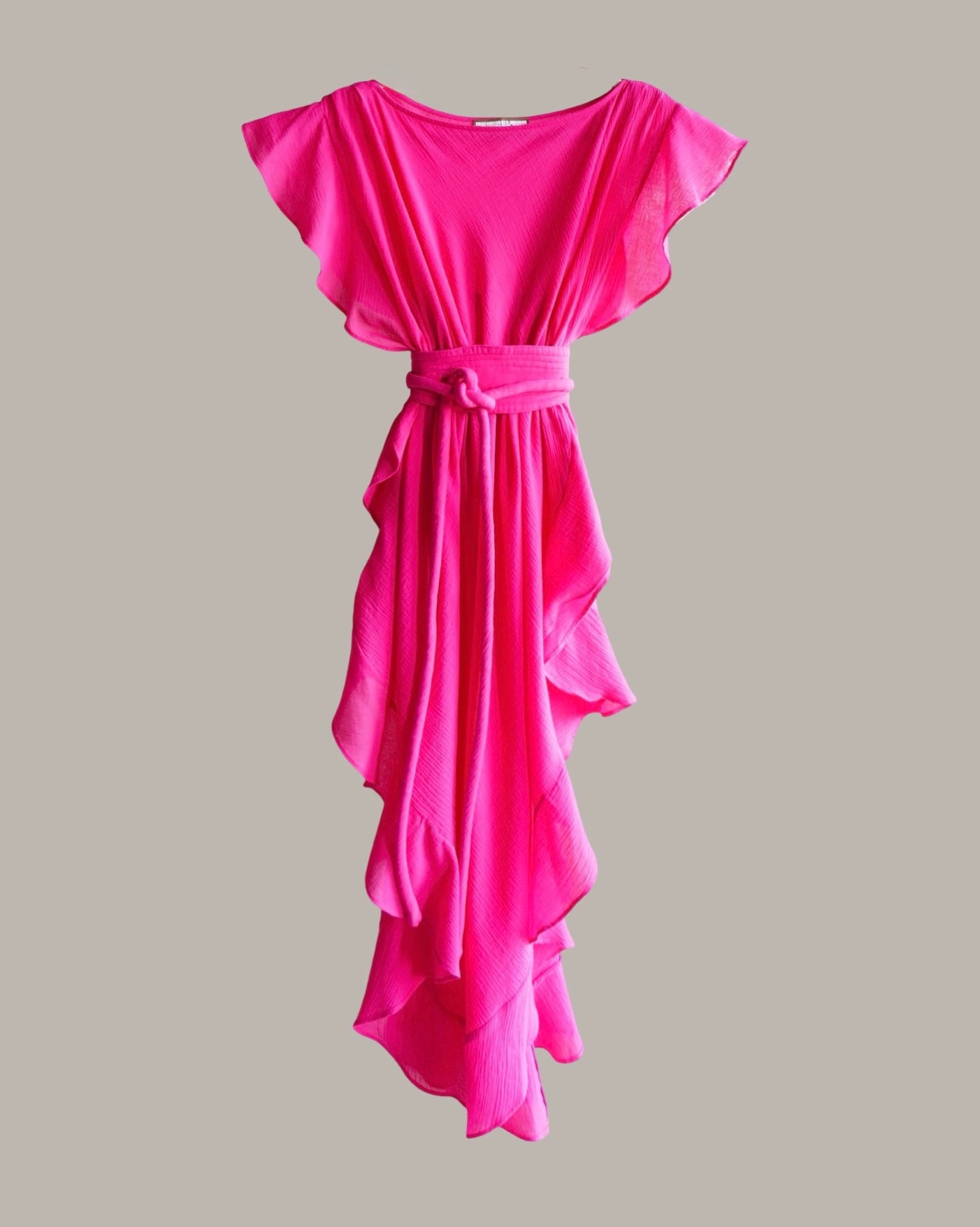 Ruffle Kaftan with Quilted Oval Obi Belt Cotton Gauze Fuchsia