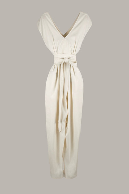 Origami Jumpsuit Cream Raw Silk with Oval Obi Belt