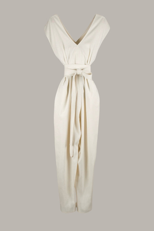 Origami Jumpsuit Cream Raw Silk with Oval Obi Belt