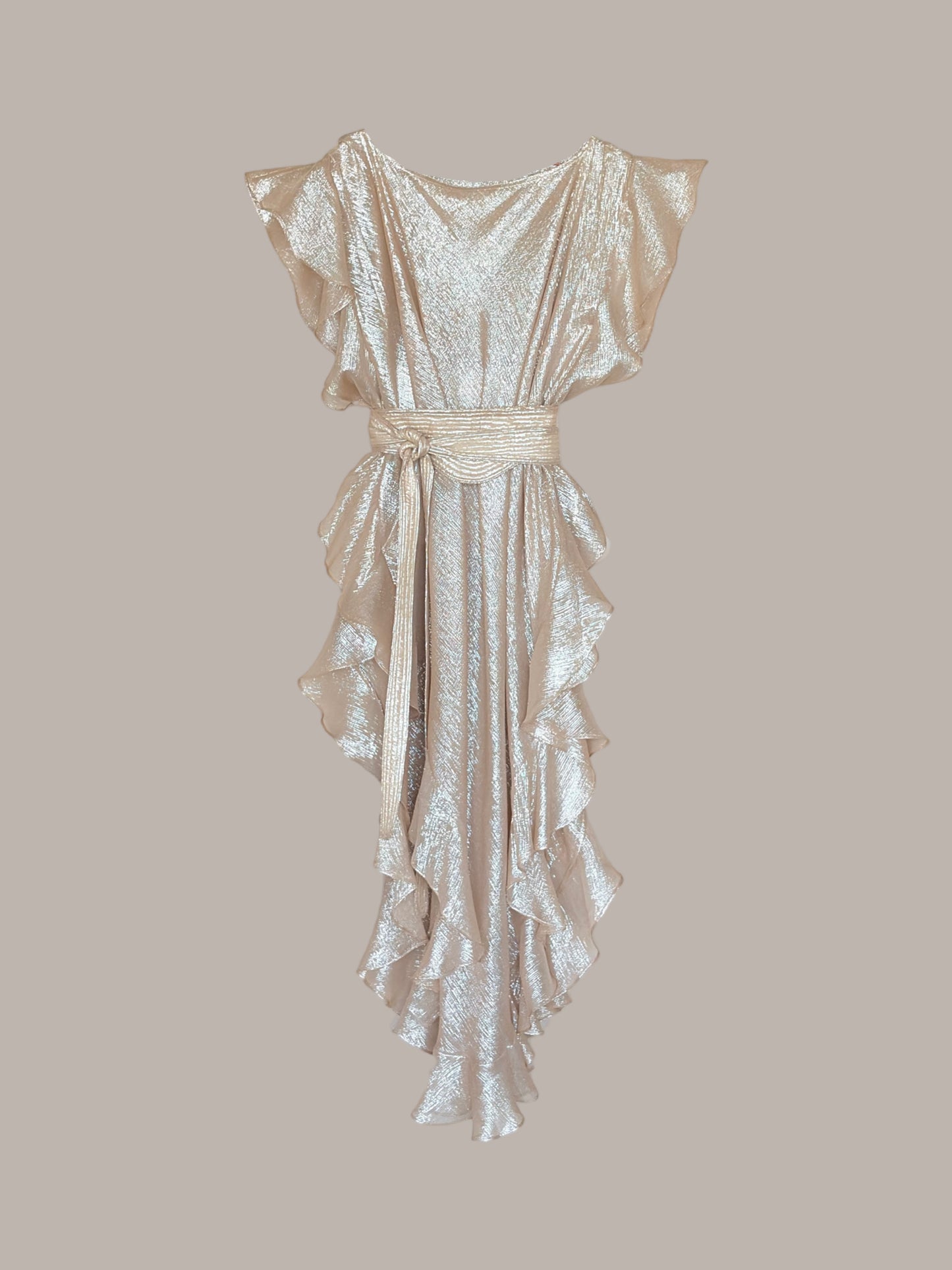 Convertible Ruffle Kaftan in Silver Champagne {Made to Order)