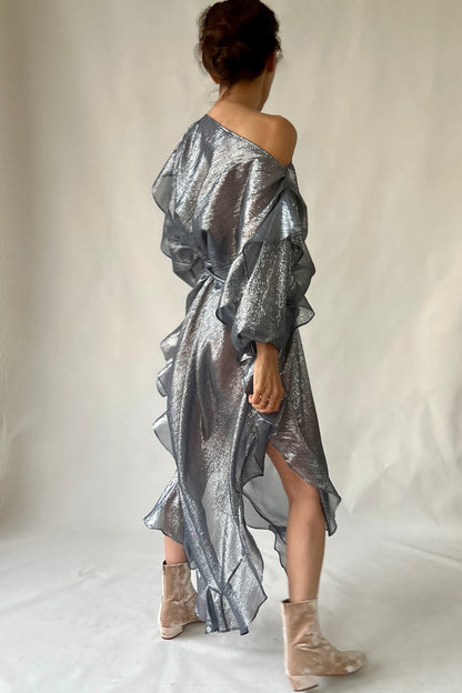 The Queen’s Kaftan with Trapunto Belt  Silk Lame’ in Pewter/Blue Dusk {Made to Order}