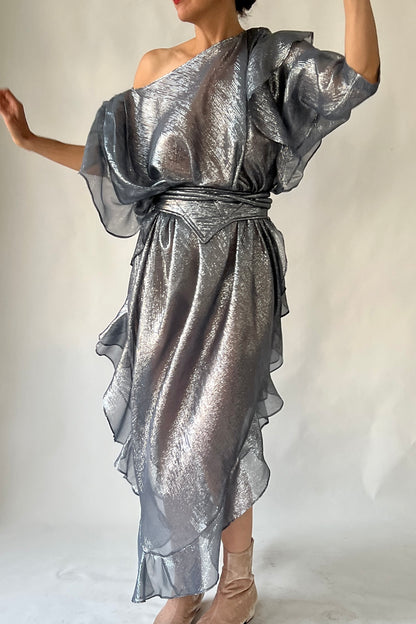 The Queen’s Kaftan with Trapunto Belt  Silk Lame’ in Pewter/Blue Dusk {Made to Order}