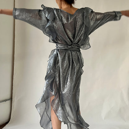 The Queen’s Kaftan with Trapunto Belt  Silk Lame’ in Pewter/Blue Dusk {Made to Order}