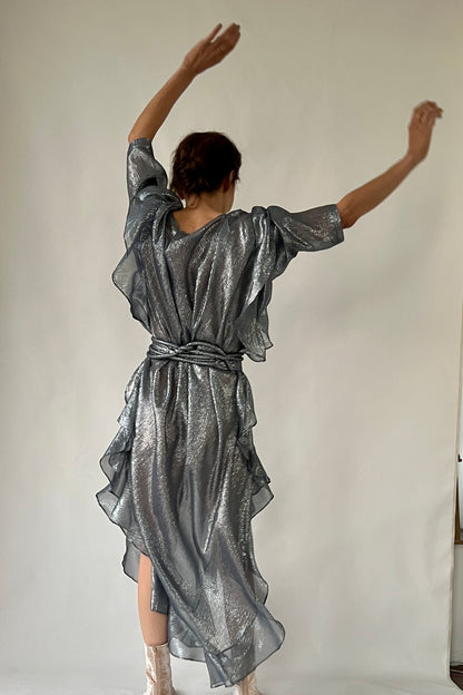 The Queen’s Kaftan with Trapunto Belt  Silk Lame’ in Pewter/Blue Dusk {Made to Order}