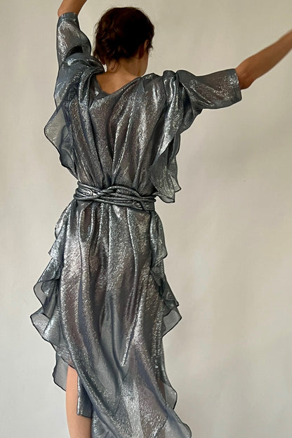 The Queen’s Kaftan with Trapunto Belt  Silk Lame’ in Pewter/Blue Dusk {Made to Order}