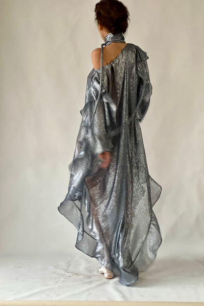 The Queen’s Kaftan with Trapunto Belt  Silk Lame’ in Pewter/Blue Dusk {Made to Order}