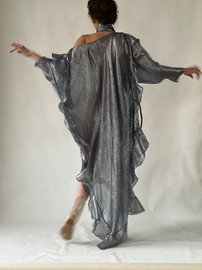 The Queen’s Kaftan with Trapunto Belt  Silk Lame’ in Pewter/Blue Dusk {Made to Order}