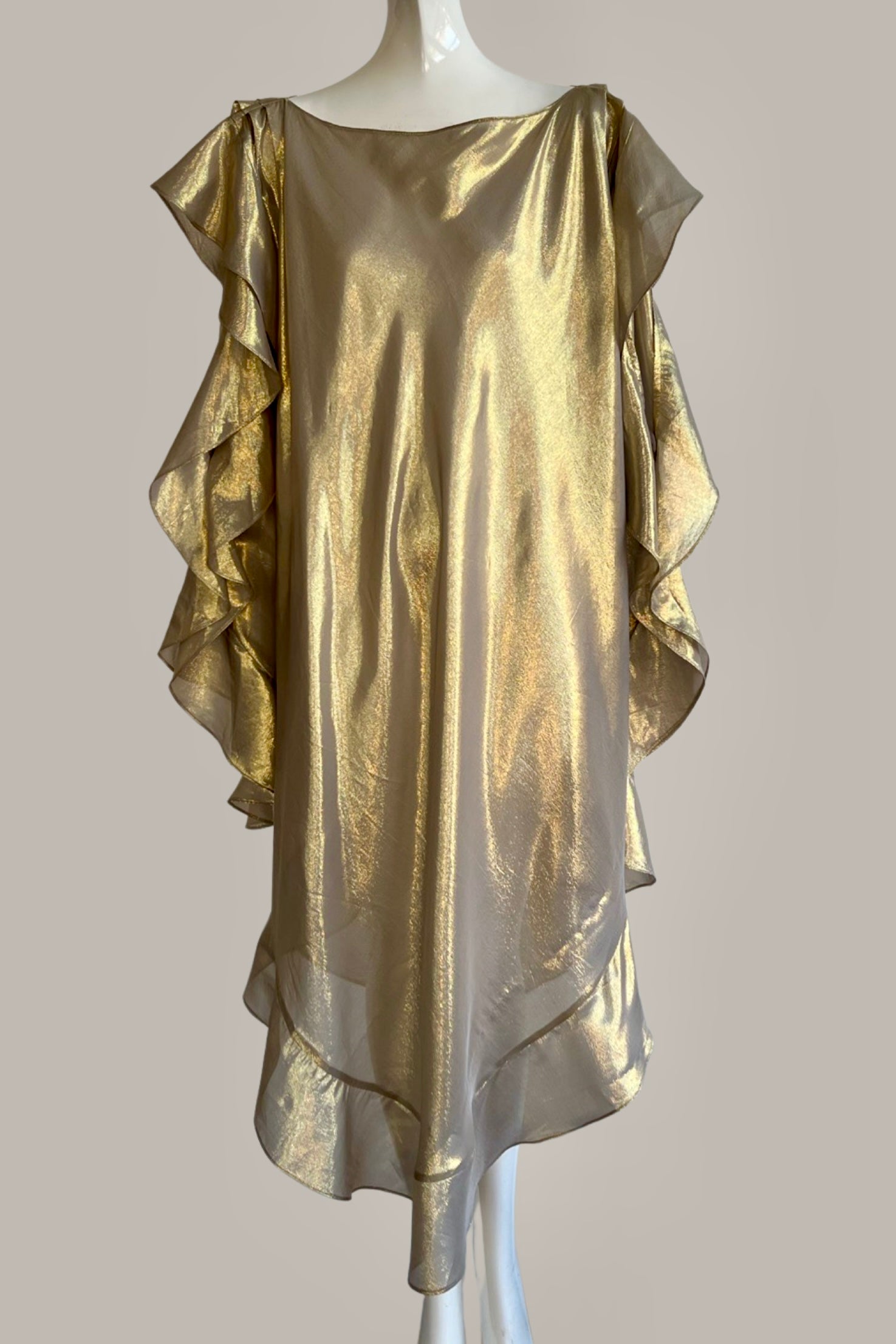 Ruffle Kaftan with Quilted Obi Belt Gold Taupe Silk Lame' {Made to Order} Ruffle Kaftan with Quilted Obi Belt Gold Taupe Silk Lame' {Made to Order}