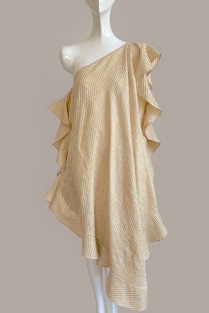 Ruffle Kaftan with Quilted Belt Natural Shell Raw Silk Stripe {Made to Order}