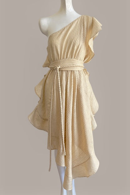 Ruffle Kaftan with Quilted Belt Natural Shell Raw Silk Stripe {Made to Order}