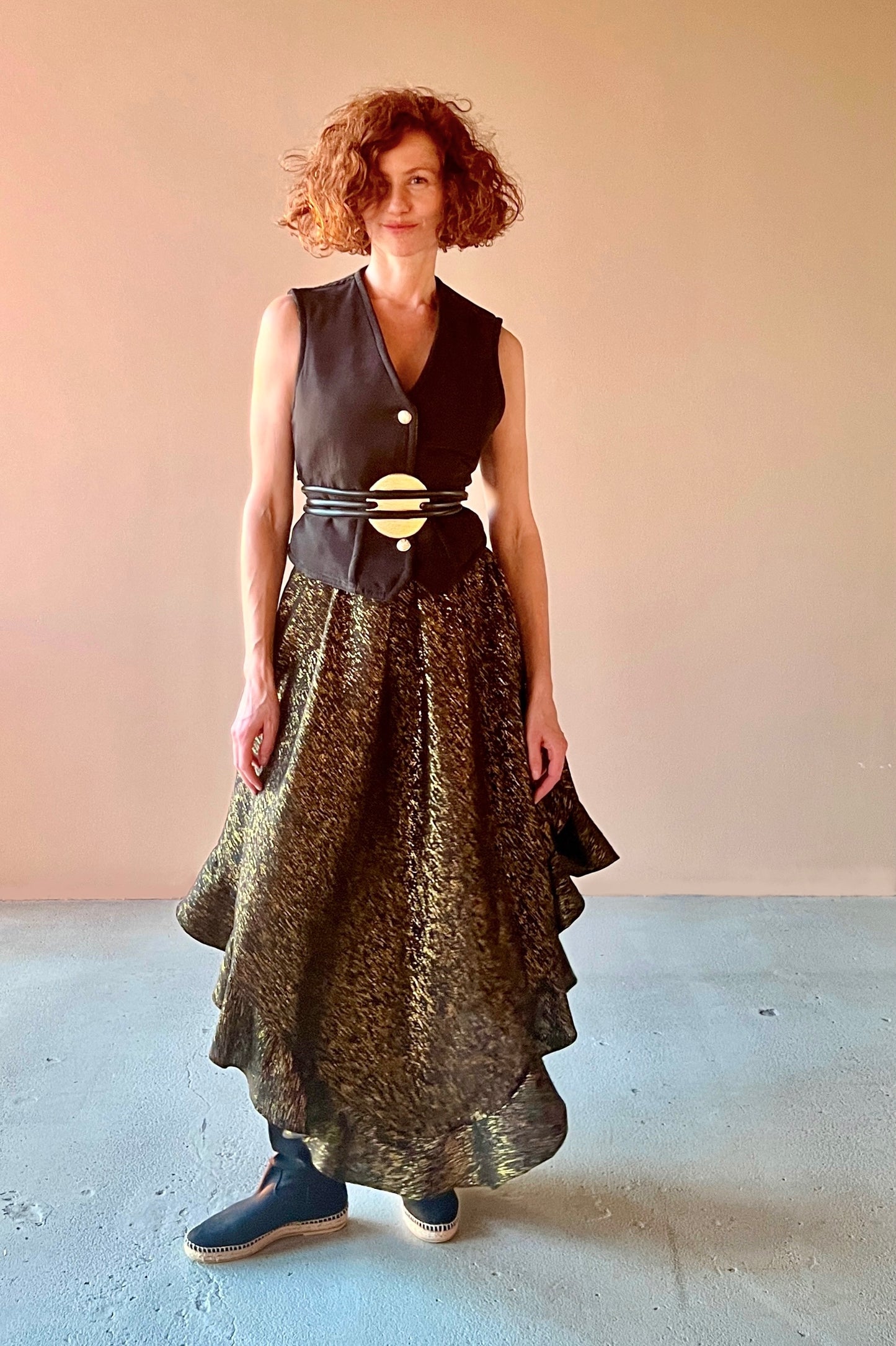 Cabriolet Ruffle Skirt/Dress in Black Onyx Metallic Gold Raw Silk