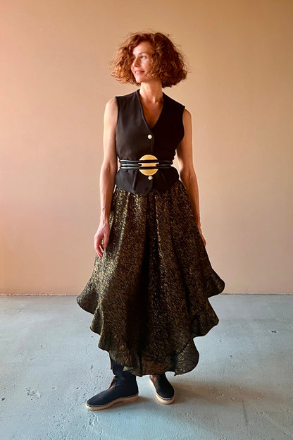 Cabriolet Ruffle Dress & Skirt in Black Onyx Metallic Gold Raw Silk