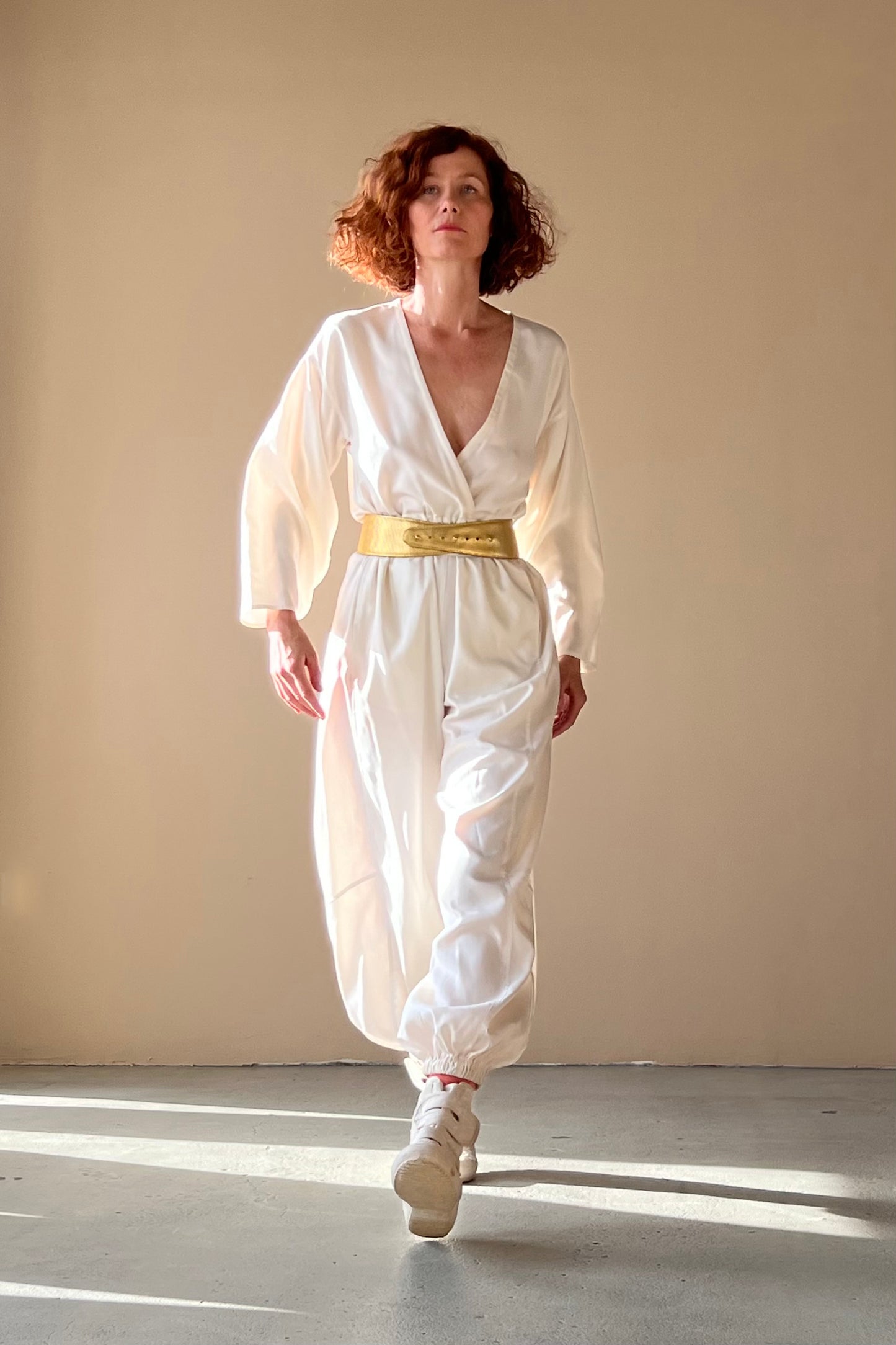 Kimono Jumpsuit in Alabaster Broadcloth Silk