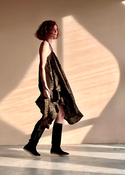 Cabriolet Ruffle Dress & Skirt in Black Onyx Metallic Gold Raw Silk