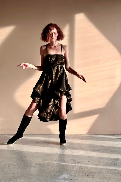 Cabriolet Ruffle Dress /Skirt in Black Onyx Metallic Gold Raw Silk Tweed