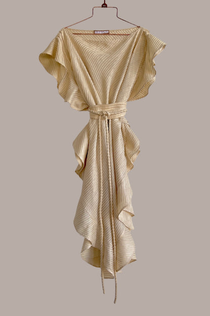 Ruffle Kaftan with Quilted Belt Natural Shell Raw Silk Stripe {Made to Order}