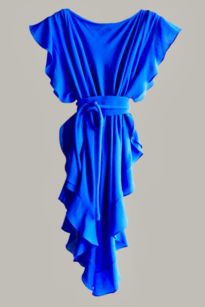 Ruffle Kaftan with Quilted Obi Belt Cobalt Blue Cotton Gauze{Made to Order}