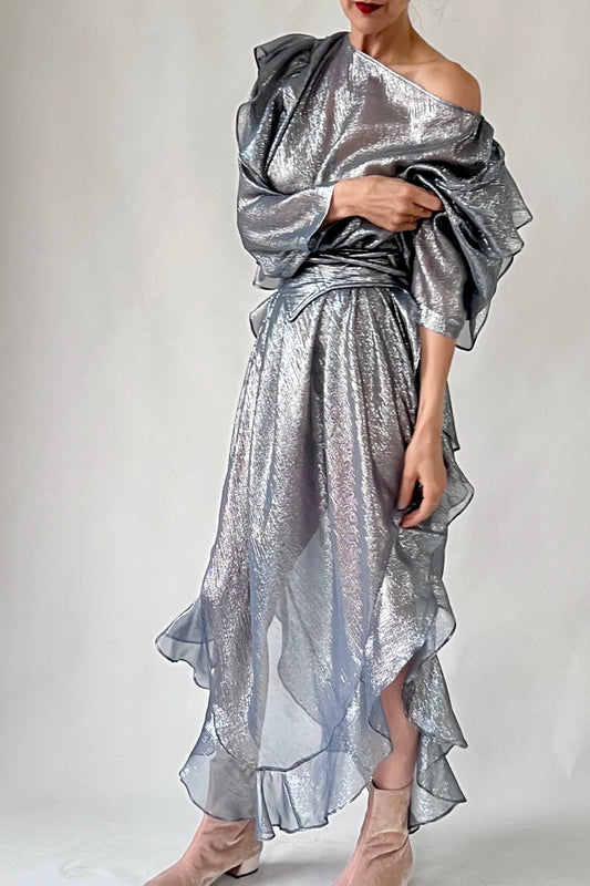 The Queen’s Kaftan with Trapunto Belt  Silk Lame’ in Pewter & Blue Dusk