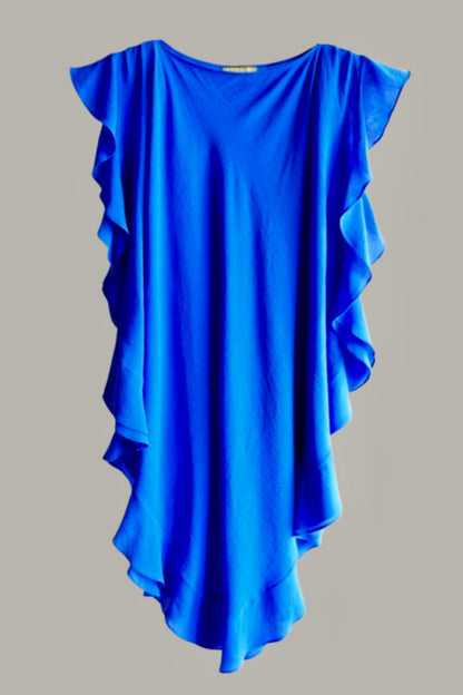 Ruffle Kaftan with Quilted Obi Belt Cobalt Blue Cotton Gauze{Made to Order}