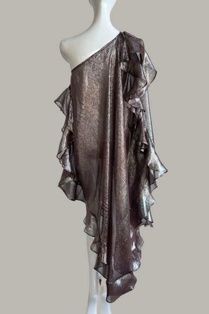 Ruffle Kaftan with Quilted Obi Belt Cappuccino/Silver Silk Lame' {Made to Order}