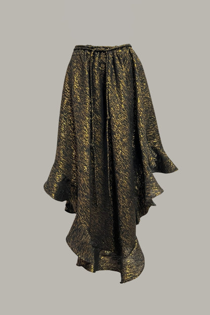 Cabriolet Ruffle Dress /Skirt in Black Onyx Metallic Gold Raw Silk Tweed