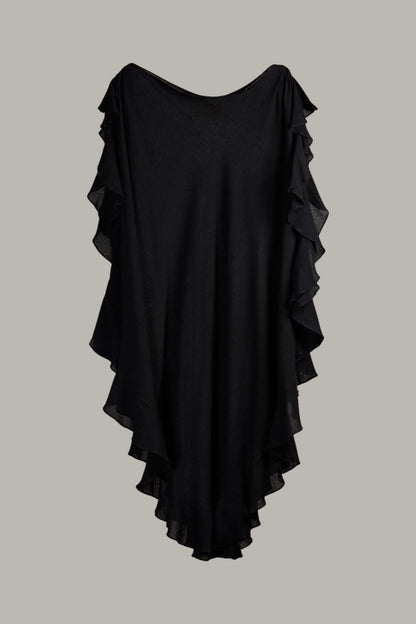 Convertible Ruffle Kaftan with Quilted Belt Cotton Gauze Black