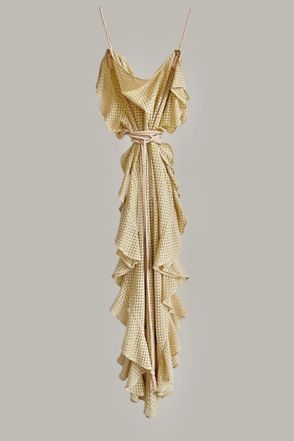 Infinite Ruffle Rope Kaftan in Ecru Silk Chiffon Checks Limited Edition Textile