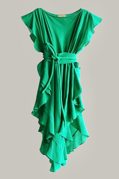 Ruffle Kaftan with Quilted Obi Belt Cotton Gauze  Green