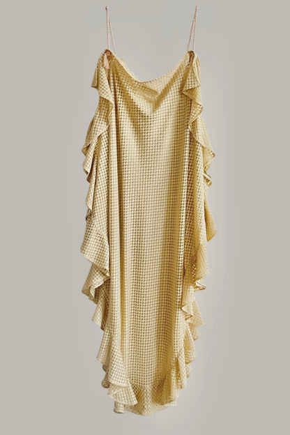 Infinite Ruffle Rope Kaftan in Ecru Silk Chiffon Checks Limited Edition Textile