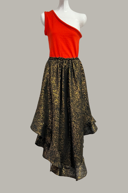 Cabriolet Ruffle Dress /Skirt in Black Onyx Metallic Gold Raw Silk Tweed