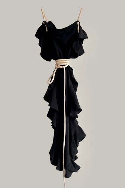 Infinite Ruffle Rope Kaftan Black Cotton with Contrasting Ecru Rope